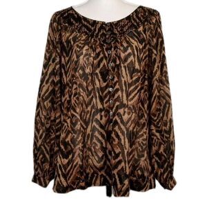 BeachLunchLounge 100% Cotton XL Boho Peasant Blouse Button Up Gauzy Tribal Brown